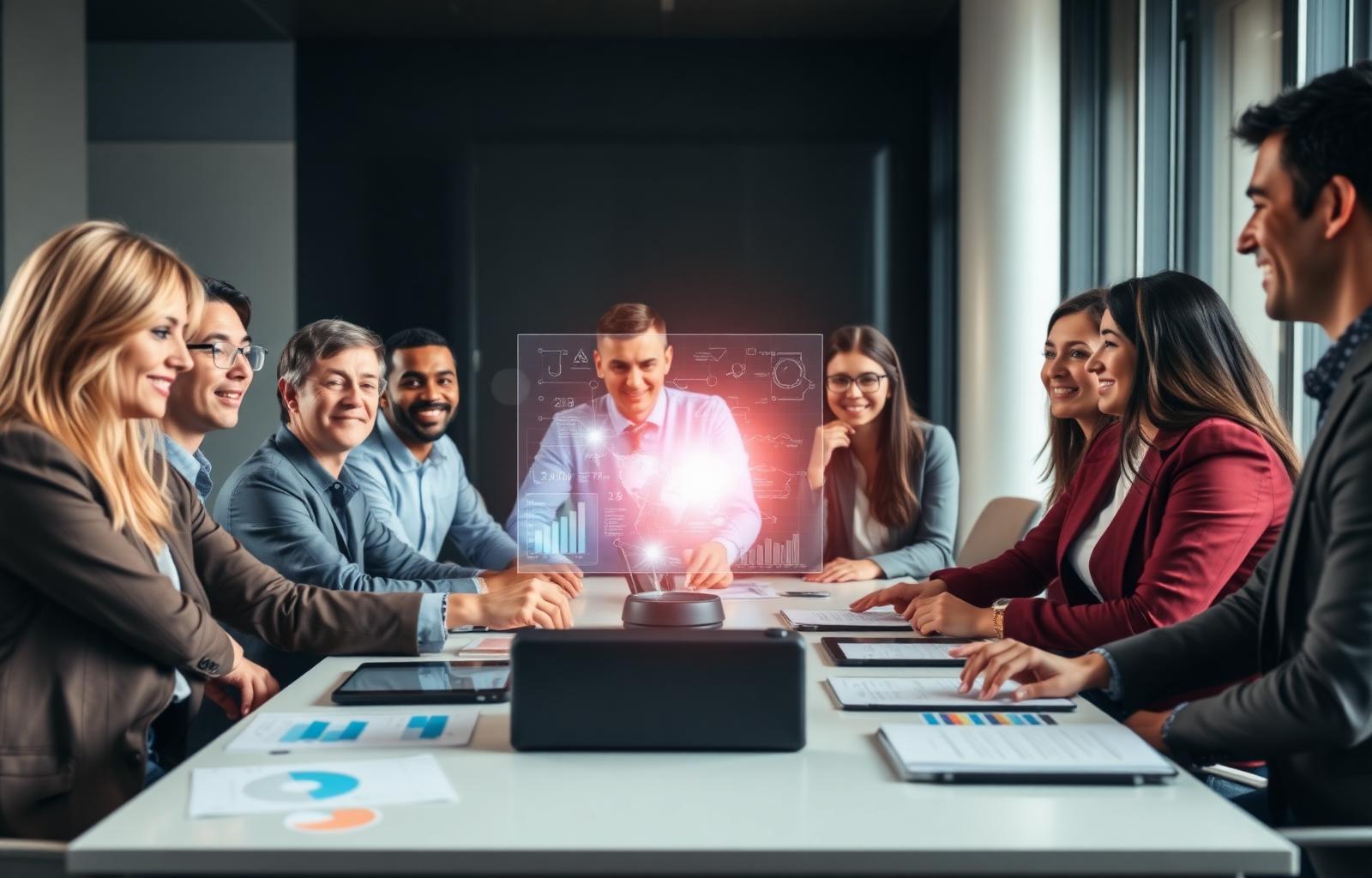 Team collaborating around a digital workspace