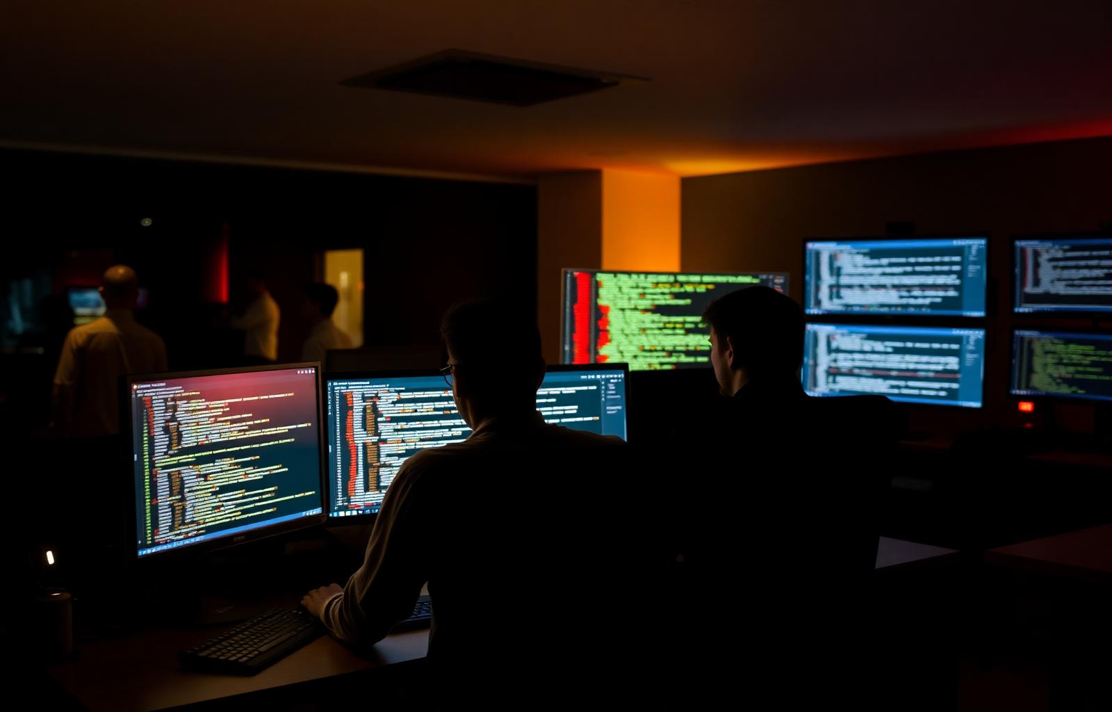 IT engineers working in a dark operations room